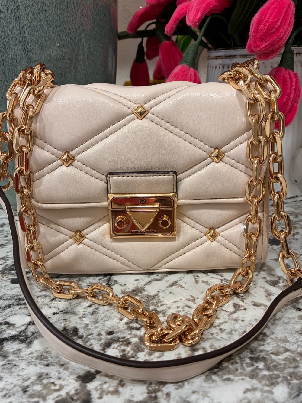 Michael Kors Cream Quilted Shoulder Bag with Gold Chain